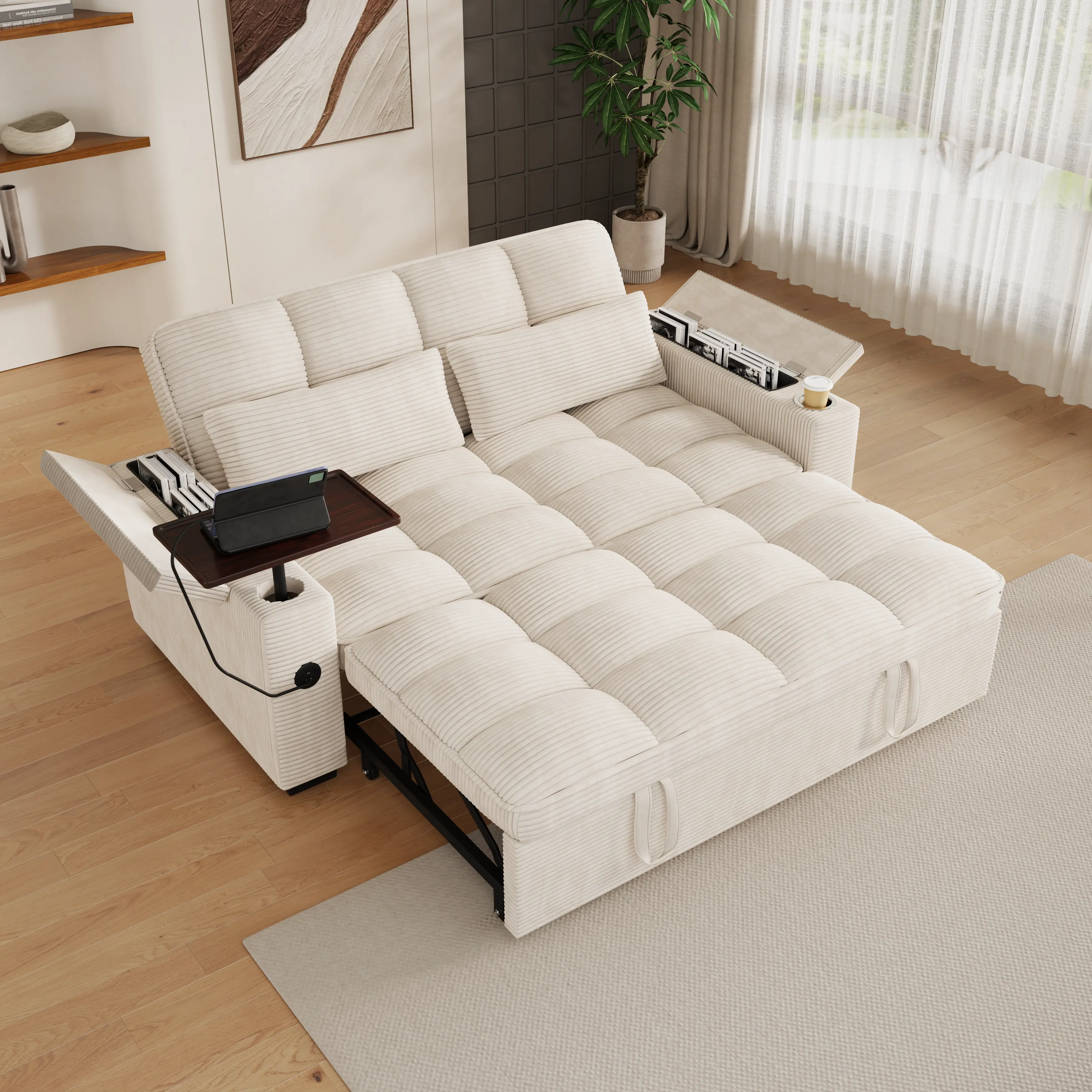 Aukfa 65"W Convertible Sofa Bed with Storage, 3-in-1 Corduroy Queen Sleeper Sofa Couch with 360° Swivel Side Table & USB /Type-C Ports,Beige