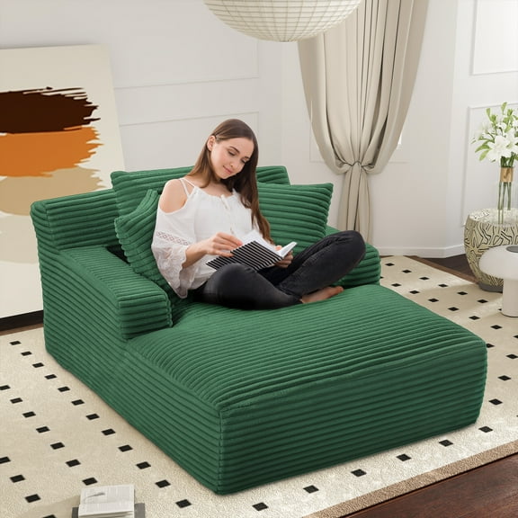 Aukfa 66" Oversized Chaise Lounge Chair, Corduroy Sleeper Sofa with 3 Pillow for Living Room,Green