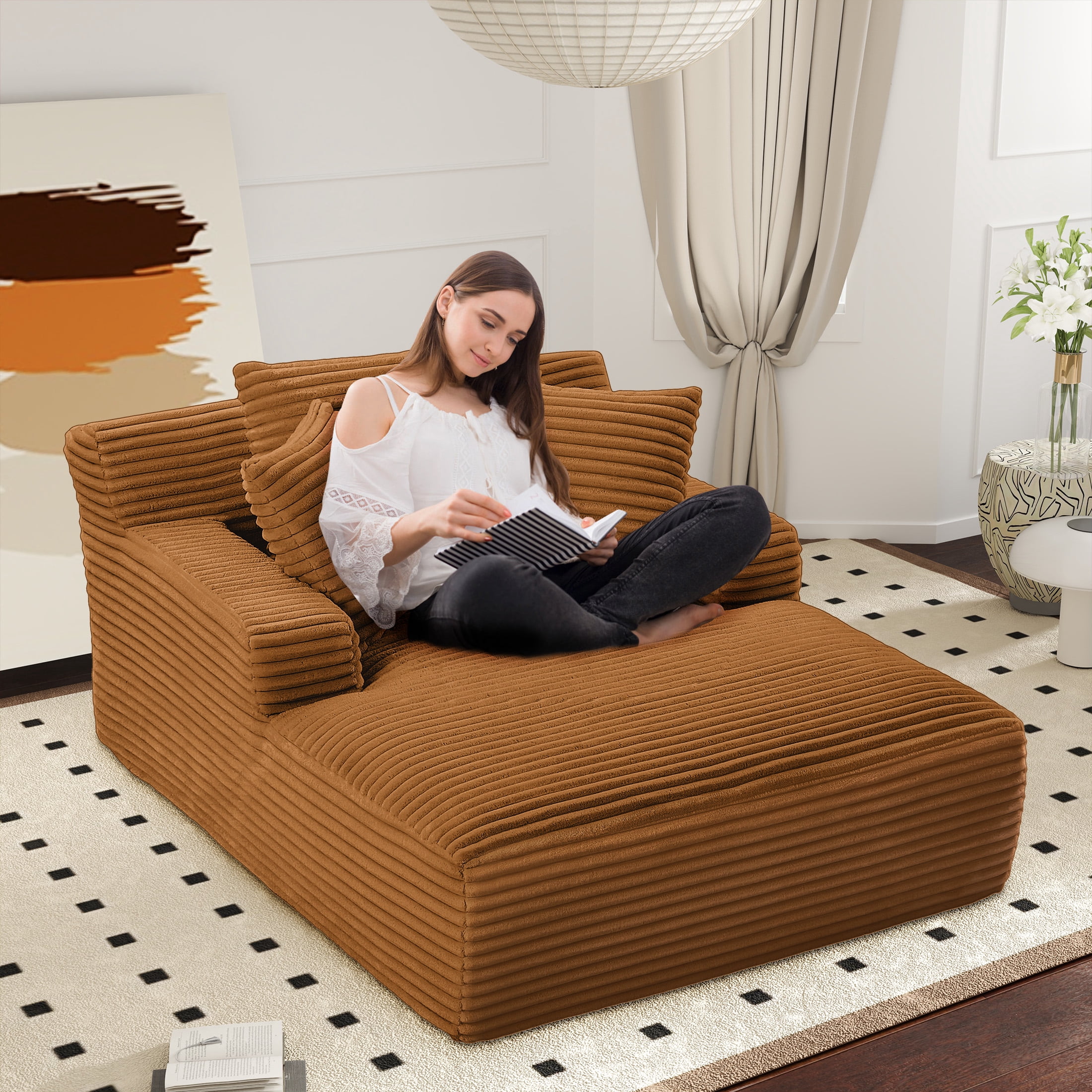 Aukfa 66" Oversized Chaise Lounge Chair, Corduroy Sleeper Sofa with 3 Pillow for Living Room,Orange