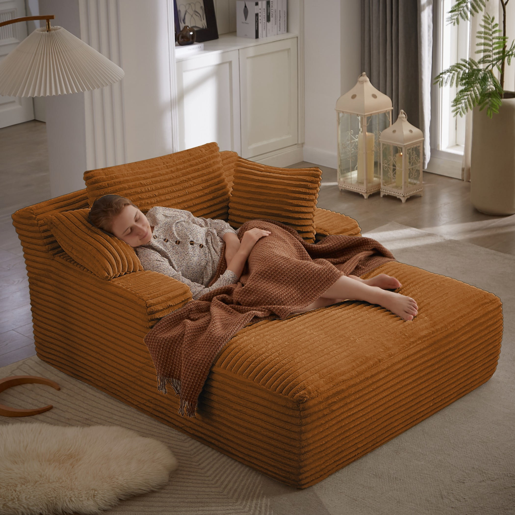 Aukfa 66" Oversized Chaise Lounge Indoor, Corduroy Sleeper Sofa Bed, Upholstered Couch, No Assembly Required for Living Room, Bedroom, Orange
