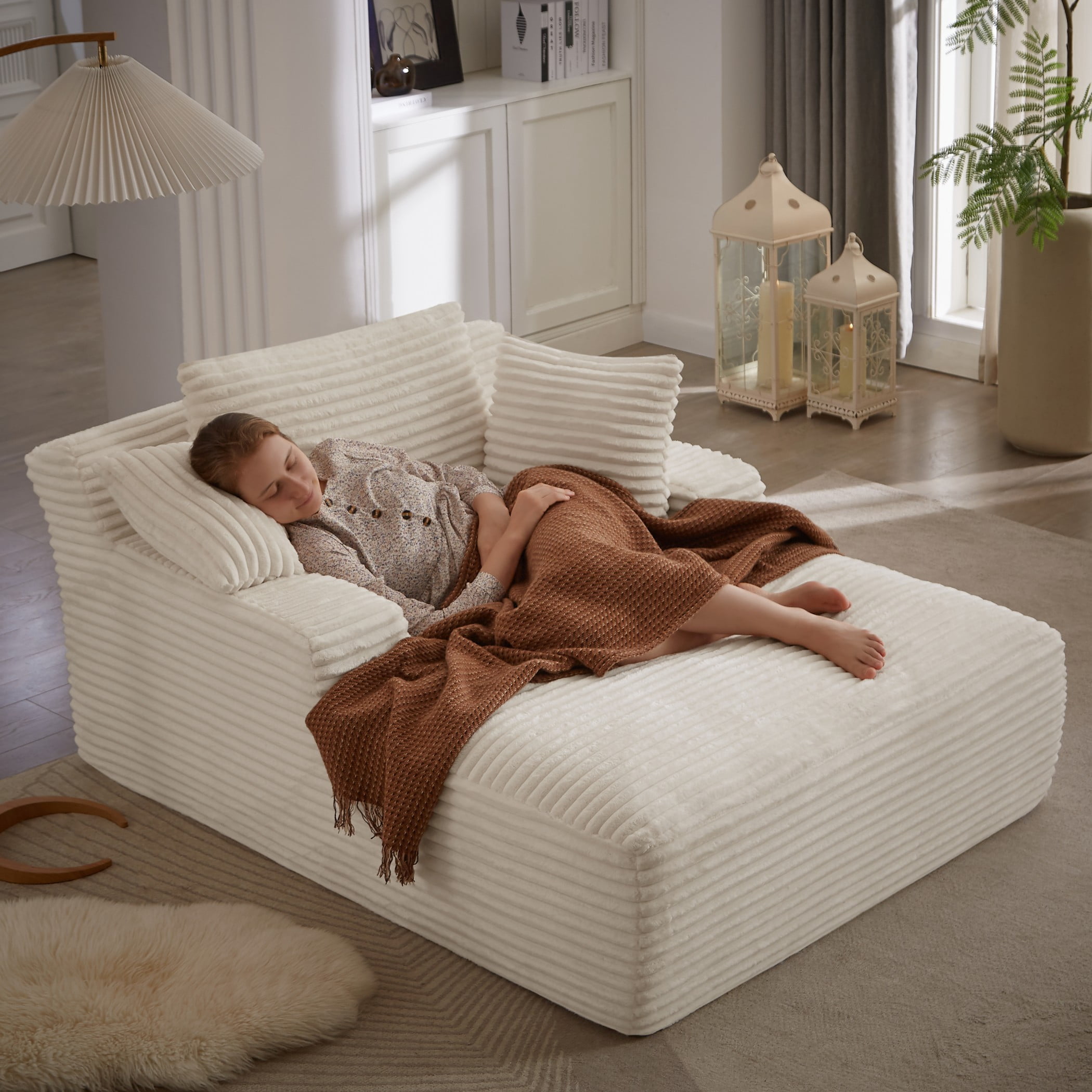 Aukfa 66" Oversized Chaise Lounge Indoor, Corduroy Sleeper Sofa Bed, Upholstered Couch, No Assembly Required for Living Room, Bedroom, White