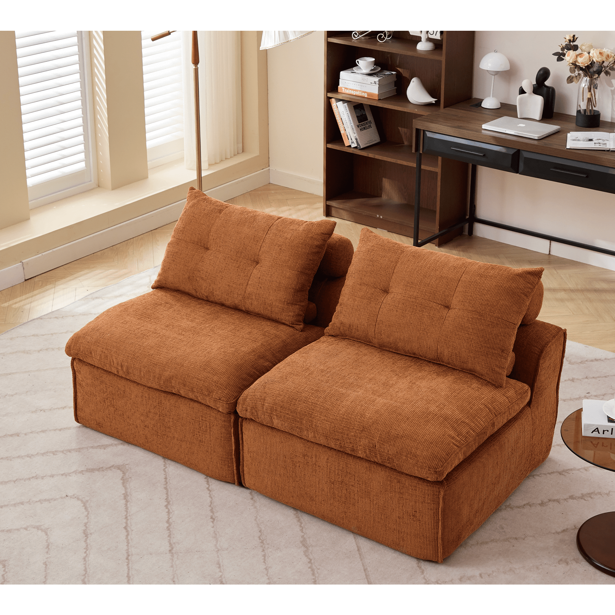 Aukfa 66" Tufted Modular Sofa, Armless Compact Couch for Small Spaces & Cozy Lounging, Orange