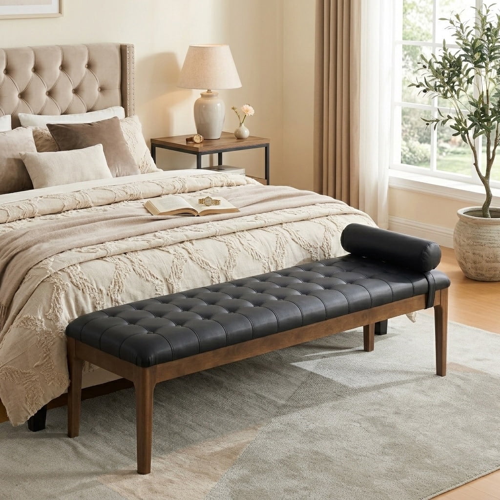 Aukfa 66" Upholstered Faux Leather Bedroom Bench with Button Tufted Design and Bolster Pillow,Solid Rubberwood,Black