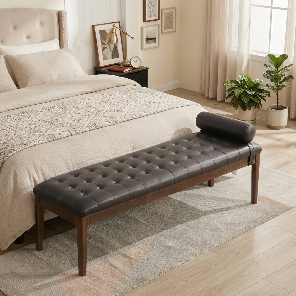 Aukfa 66" Upholstered Faux Leather Bedroom Bench with Button Tufted Design and Bolster Pillow,Solid Rubberwood,Coffee