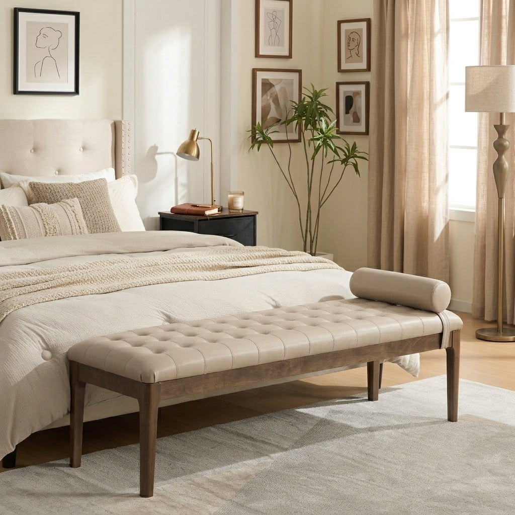Aukfa 66" Upholstered Faux Leather Bedroom Bench with Button Tufted Design and Bolster Pillow,Solid Rubberwood,Taupe