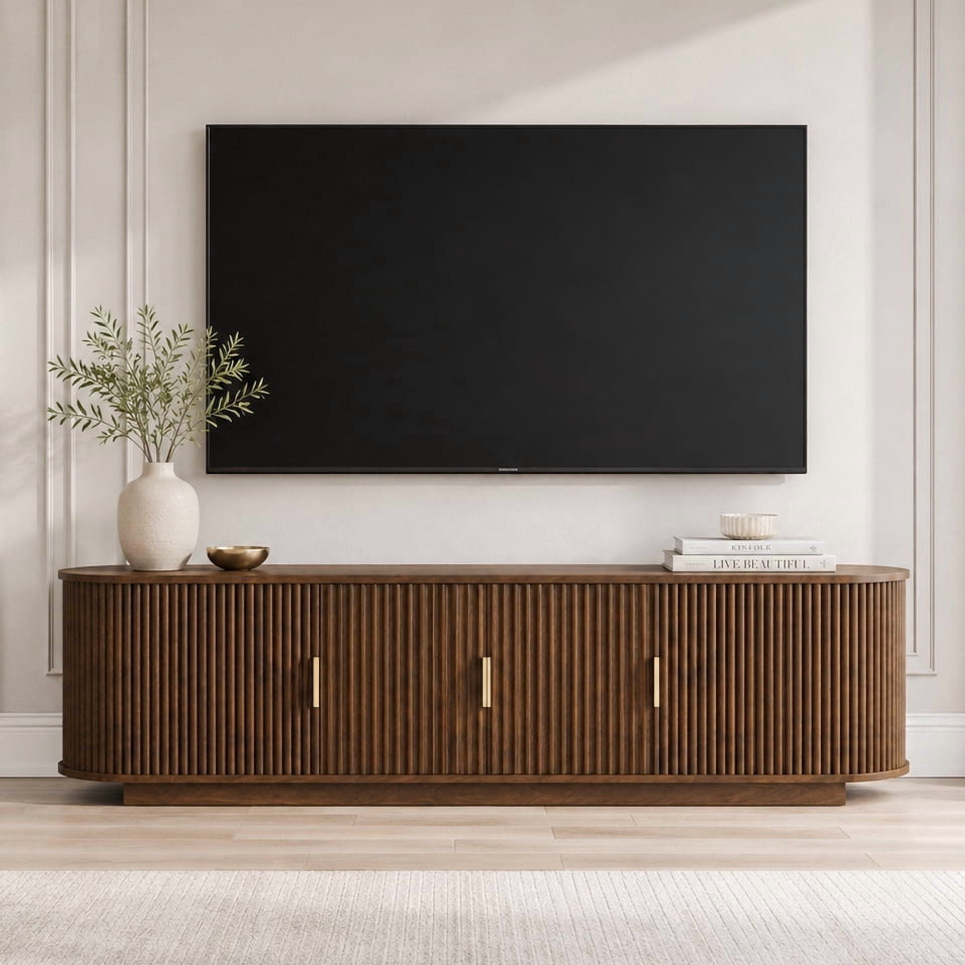 Aukfa 67" Fluted TV Stand for TVs up to 75", Sliding Doors,Walnut