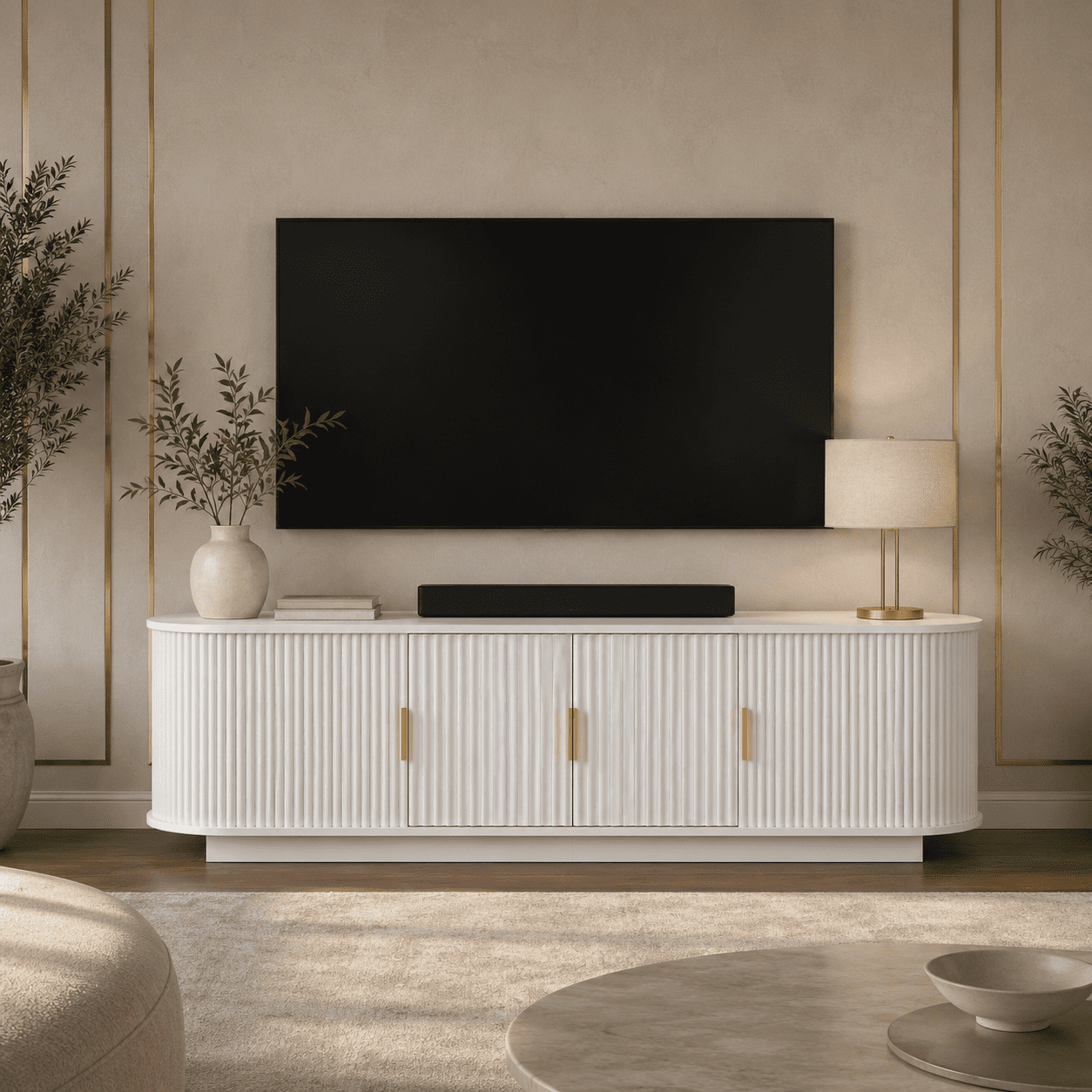 Aukfa 67" Fluted TV Stand for TVs up to 75", Sliding Doors,White