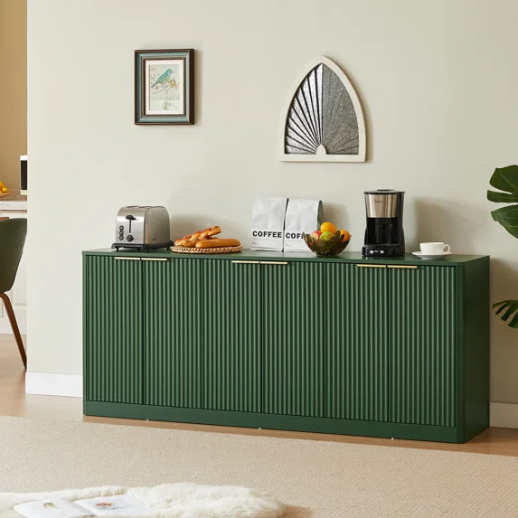 Aukfa 67" Modern Sideboard Cabinet, Wood Storage Credenza & TV Cabinet with 6 Fluted Doors for Living Room/Dining Room,Green