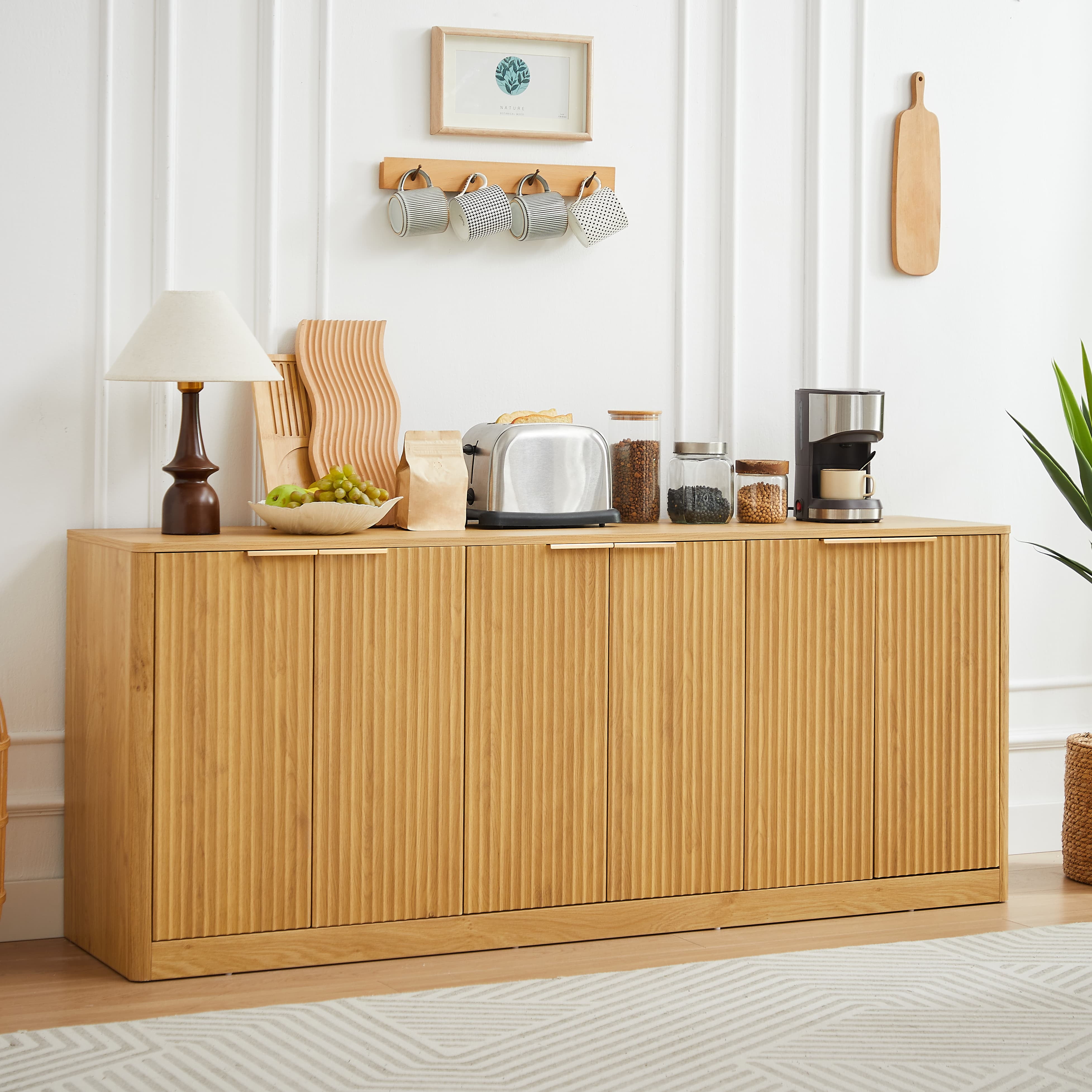 Aukfa 67" Modern Sideboard Cabinet, Wood Storage Credenza & TV Cabinet with 6 Fluted Doors for Living Room/Dining Room,Natural