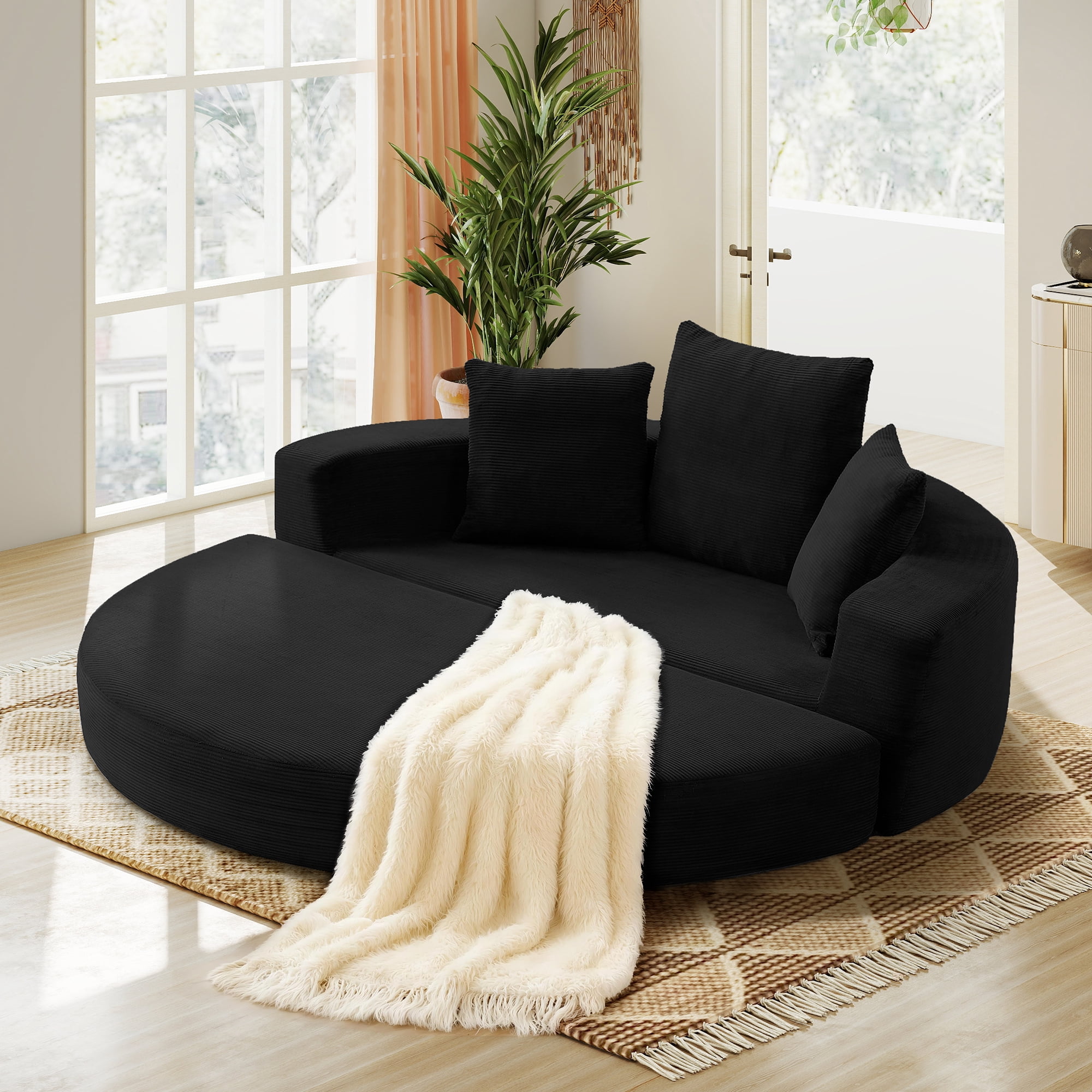 Aukfa 67" Round Convertible Folding Sofa Bed, Corduroy Futon Sleeper Couch with Pillows for Small Spaces and Living Rooms, Black