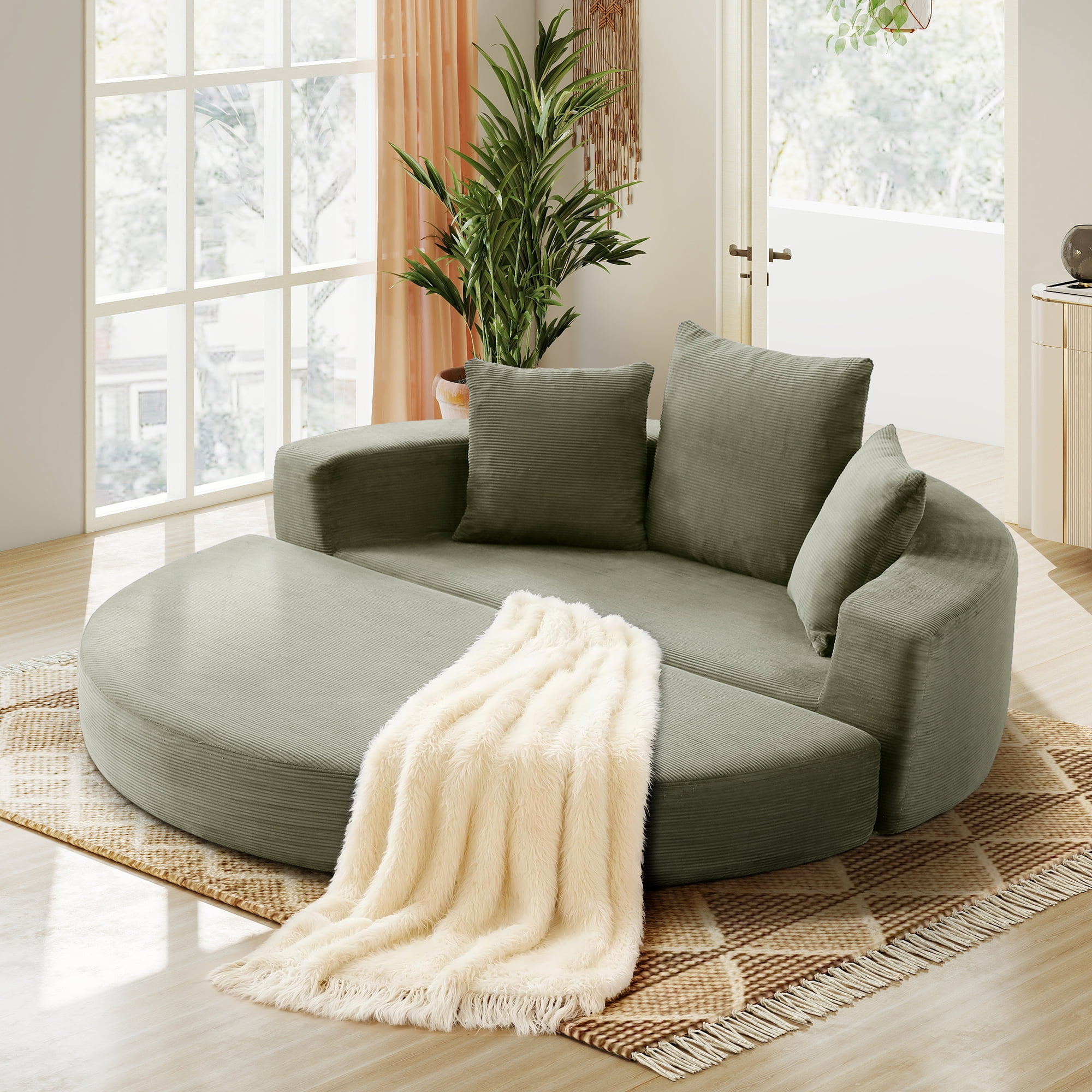 Aukfa 67" Round Convertible Folding Sofa Bed, Corduroy Futon Sleeper Couch with Pillows for Small Spaces and Living Rooms, Green