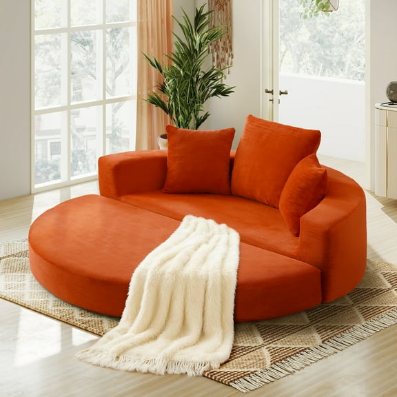 Aukfa 67" Round Convertible Folding Sofa Bed, Corduroy Futon Sleeper Couch with Pillows for Small Spaces and Living Rooms, Orange