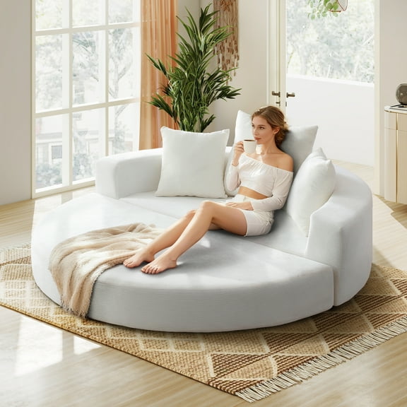 Aukfa 67" Round Convertible Folding Sofa Bed, Corduroy Futon Sleeper Couch with Pillows for Small Spaces and Living Rooms, White