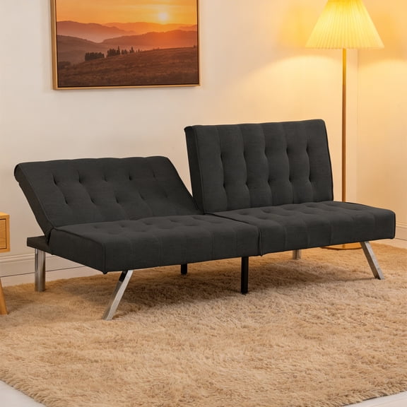 Aukfa 67" Tufted Futon Convertible Sofa Bed Separate Back Chaise Couch for Home Office, Linen, Black