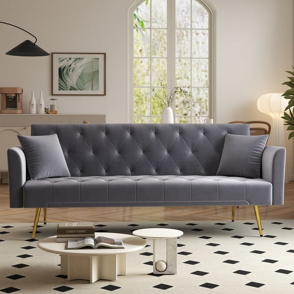 Aukfa 72" Tufted Futon Convertible Sofa Bed for Home Office, 2 Pillows, Velvet, Gray