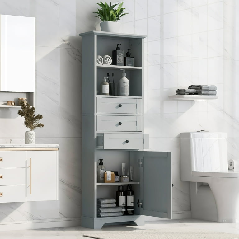 Glossy Bathroom Tallboy Storage Cabinet with Mirror in White