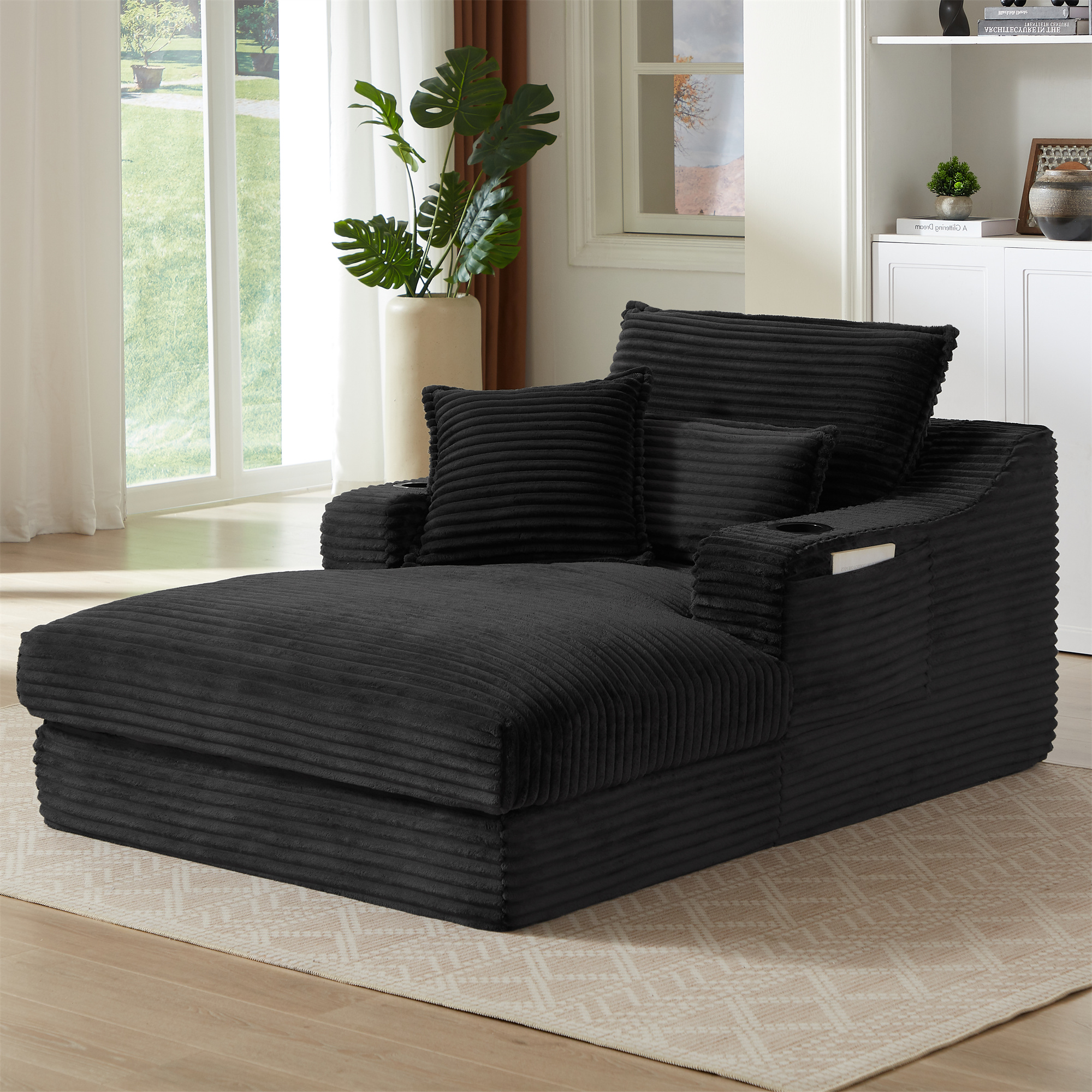 Aukfa 68" Oversized Chaise Lounge Chair with 2 Cup Holder&Side Pocket, 3Pillows, Corduroy, Black