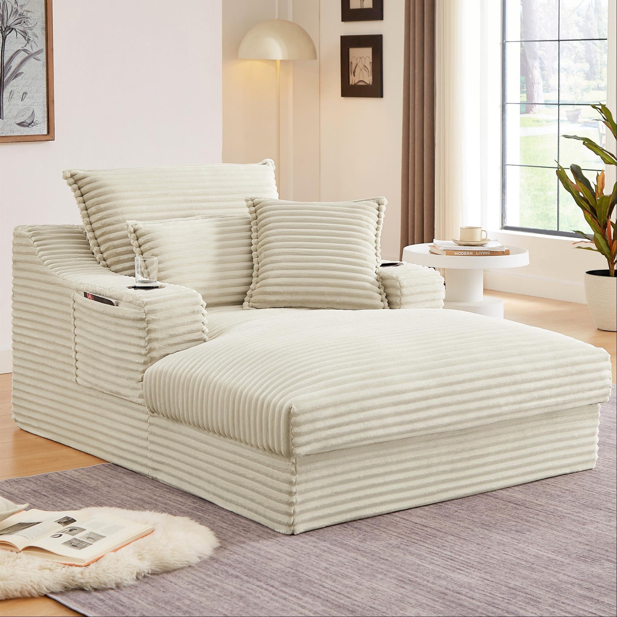 Aukfa 68" Oversized Chaise Lounge Boneless Couch with 2 Cup Holder&Side Pocket, 3Pillows, Corduroy, Camel