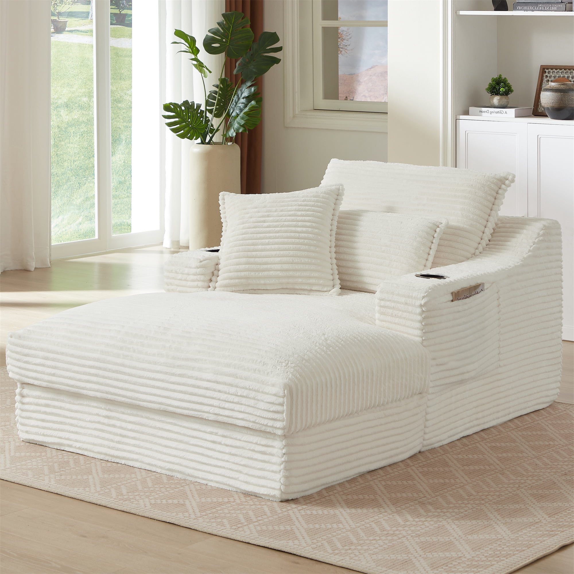 Aukfa 68" Oversized Chaise Lounge Boneless Couch with 2 Cup Holder&Side Pocket, 3Pillows, Corduroy, White