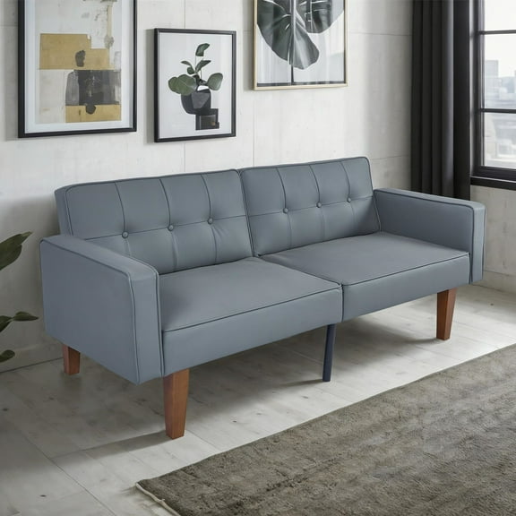 Aukfa 68" Square Arm Futon Convertible Sofa Bed for Home Office, PU Leather, Tufted Back, Gray