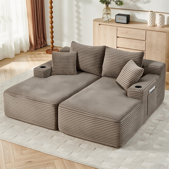 Aukfa 69" Oversized Double Chaise Lounge Boneless Couch Modular Loveseat Sleeper Sofa Bed for Living Room, 2 Cup Holders, Corduroy, Brown