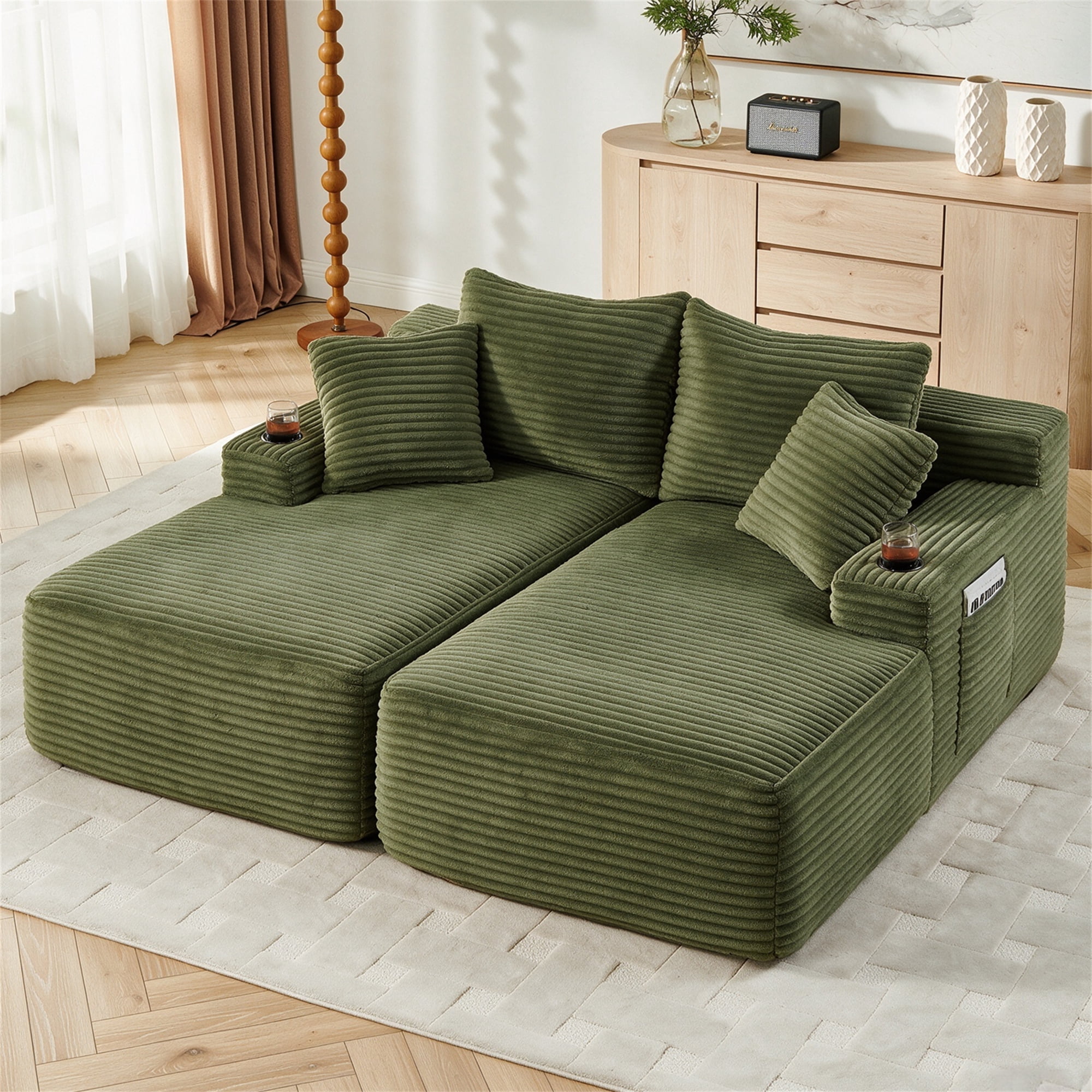 Aukfa 69" Oversized Double Chaise Lounge Boneless Couch Modular Loveseat Sleeper Sofa Bed for Living Room, 2 Cup Holders, Corduroy, Green