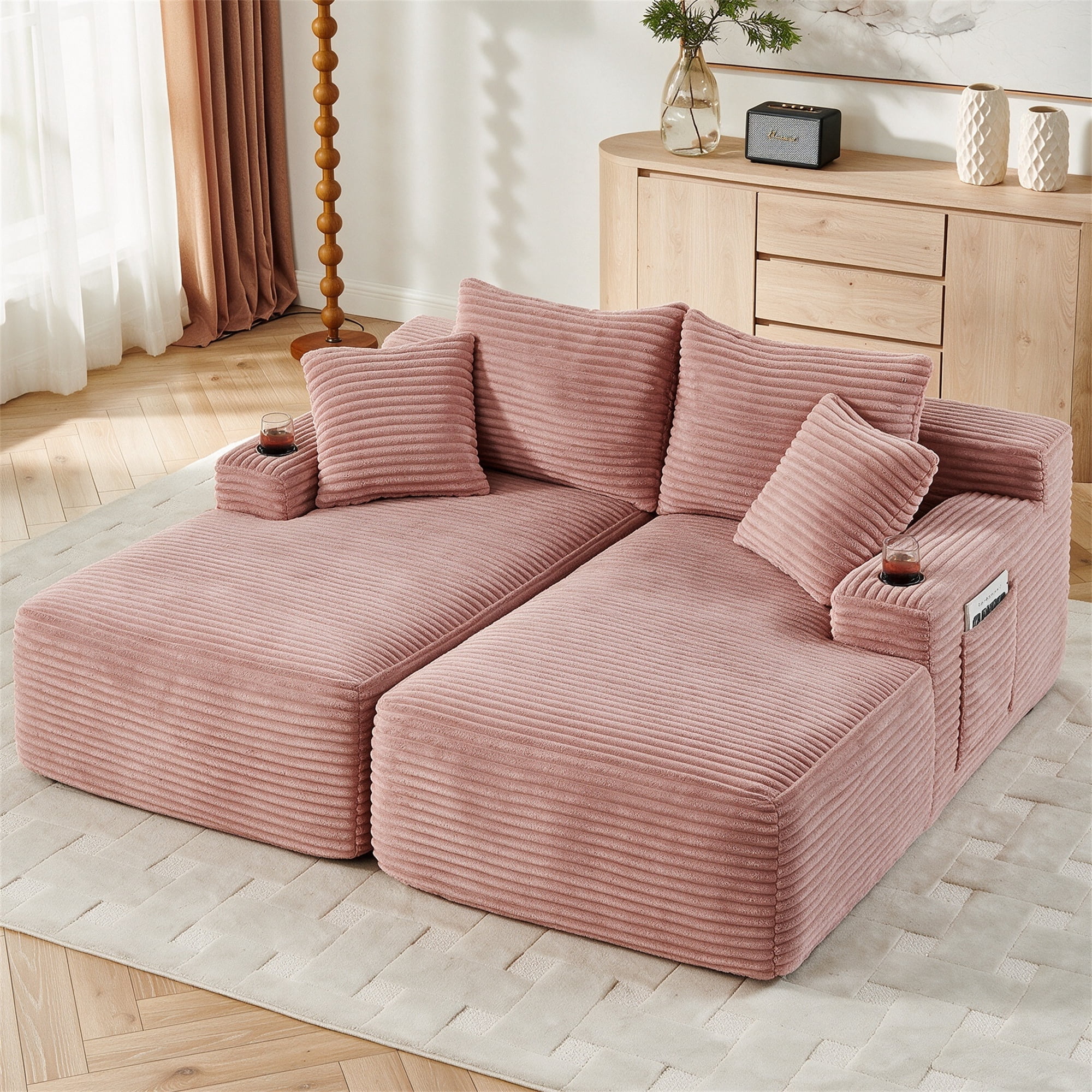 Aukfa 69" Oversized Double Chaise Lounge Boneless Couch Modular Loveseat Sleeper Sofa Bed for Living Room, 2 Cup Holders, Corduroy, Pink