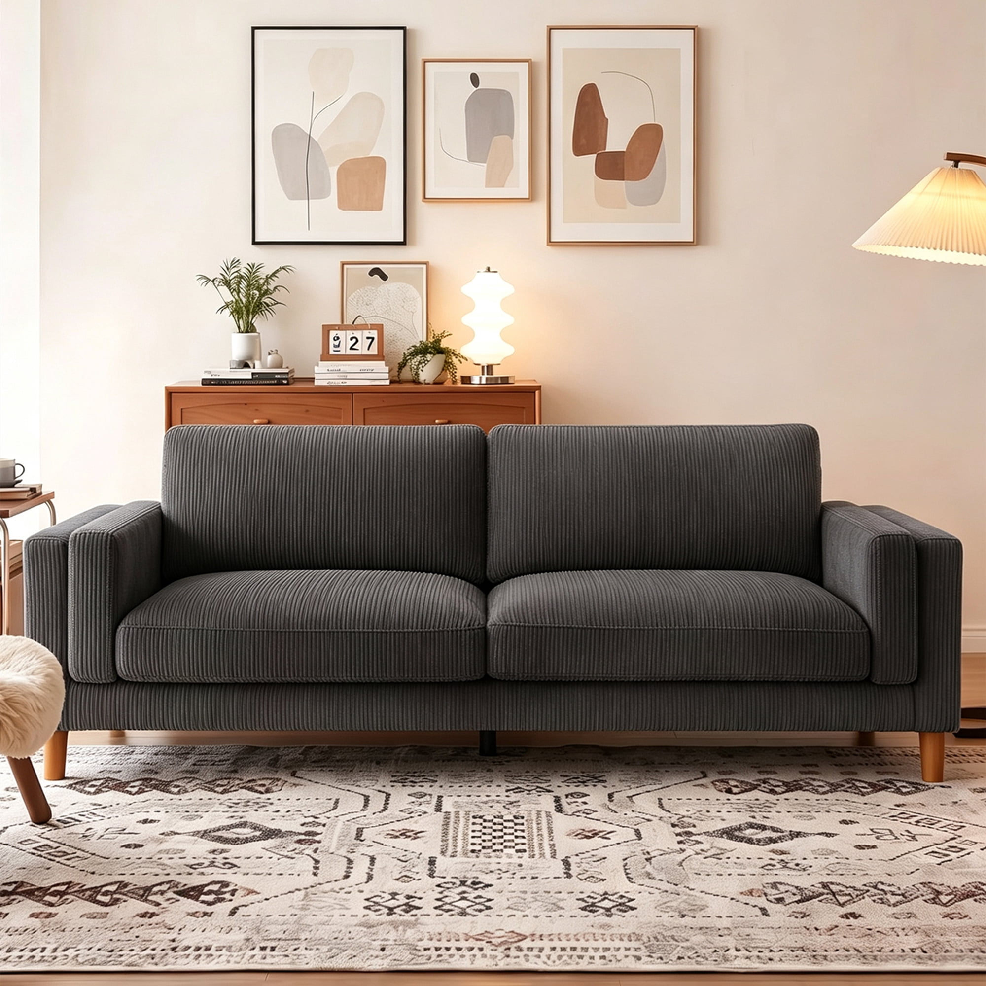 Aukfa 87" Oversized Modern Sofa Couch Deep Seat 3-Seater Sofa for Living Room, Wooden Legs, Corduroy, Gray