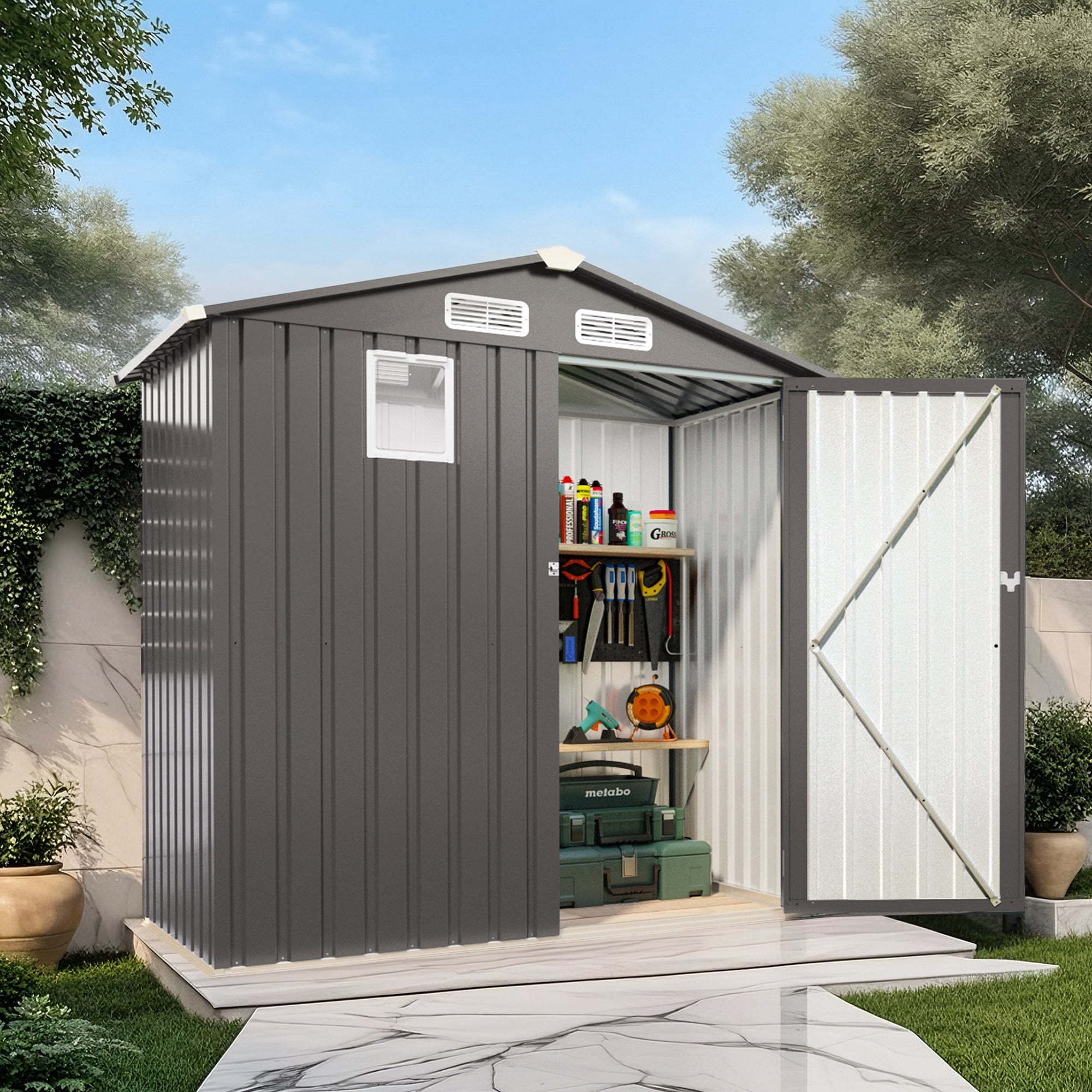 Aukfa 6x3.6 FT Outdoor Storage Shed with Lockable Door & Peaked Roof, Waterproof Garden Shed, Compact Metal Shed for Backyard, Patio, Bike & Tool Storage, Gray