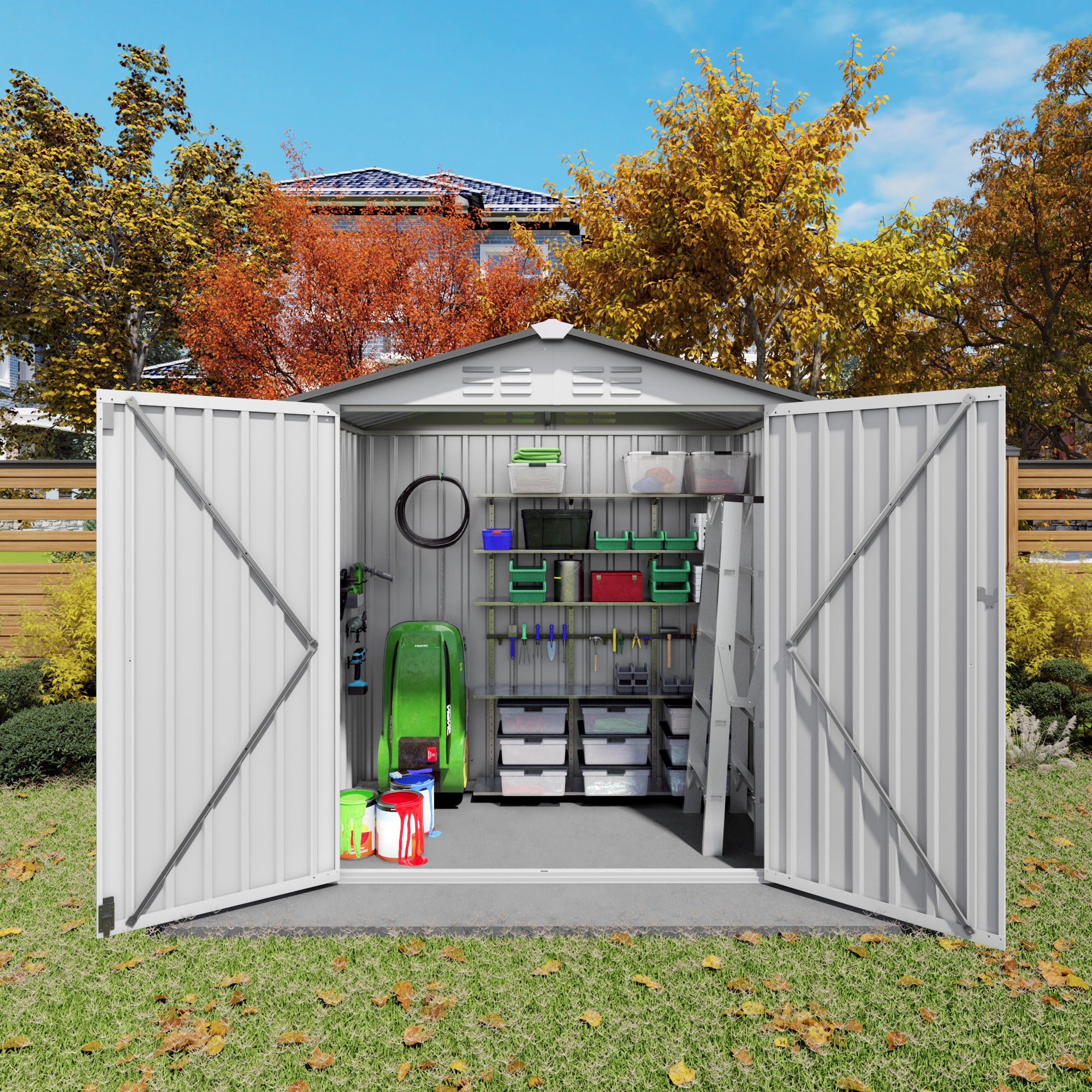 Aukfa 6x3.6 FT Outdoor Storage Shed with Lockable Door & Peaked Roof, Waterproof Garden Shed, Compact Metal Shed for Backyard, Patio, Bike & Tool Storage, White