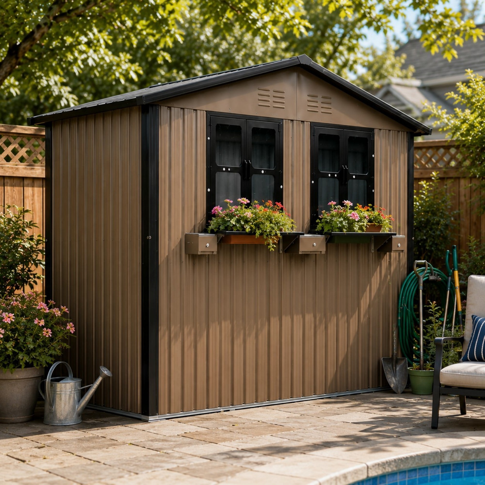 Aukfa 6x9 FT Metal Outdoor Storage Shed with Flower Rack&Lockable Doors, Waterproof Garden Tool Shed for Backyard Patio Lawn, Brown