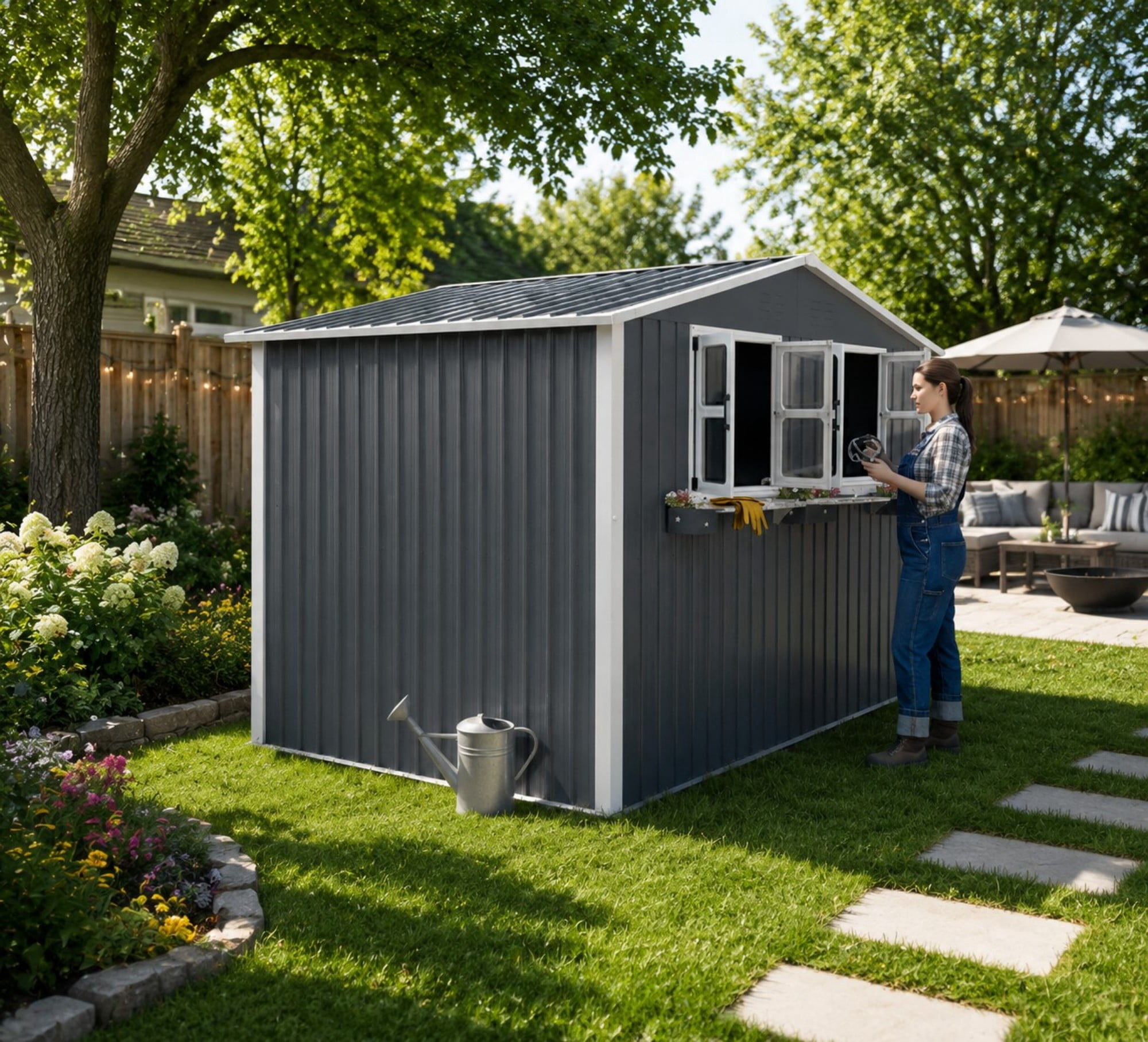 Aukfa 6x9 FT Metal Outdoor Storage Shed with Flower Rack&Lockable Doors, Waterproof Garden Tool Shed for Backyard Patio Lawn, Coal Gray