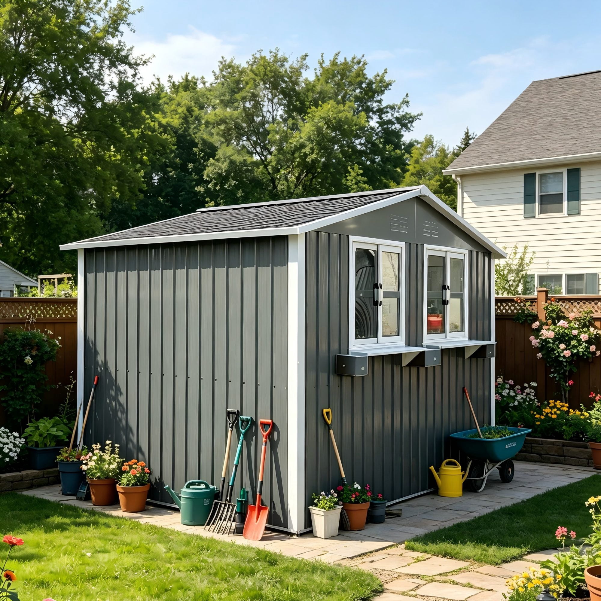 Aukfa 6x9 FT Metal Outdoor Storage Shed with Flower Rack&Lockable Doors, Waterproof Garden Tool Shed for Backyard Patio Lawn, Gray