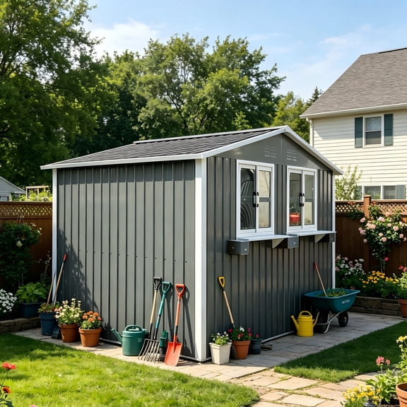 Aukfa 6x9 FT Metal Outdoor Storage Shed with Flower Rack&Lockable Doors, Waterproof Garden Tool Shed for Backyard Patio Lawn, Gray