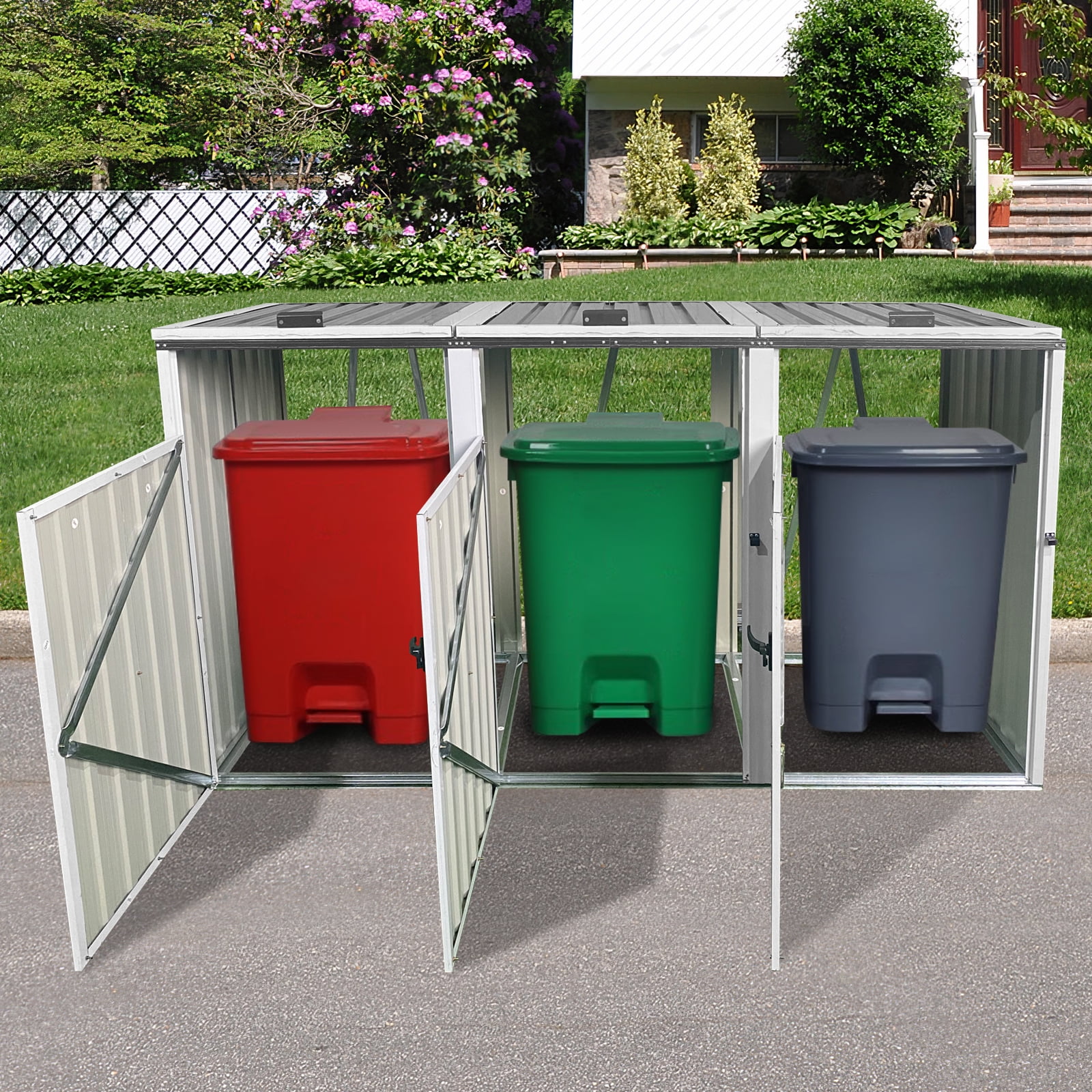 Aukfa 7.3' W Outdoor Garbage Bin Storage, Metal Storage Shed for 3 Trash Cans Tools, Waterproof Trash Can Storage, Gray
