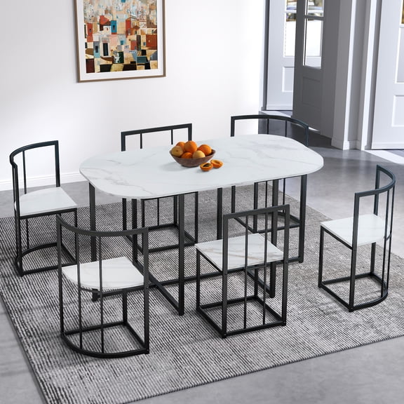 Aukfa 7 Piece Dining Table Set for 6, 55" Faux Marble Dinning Room Table with 6 Chairs, Metal Frame, Black