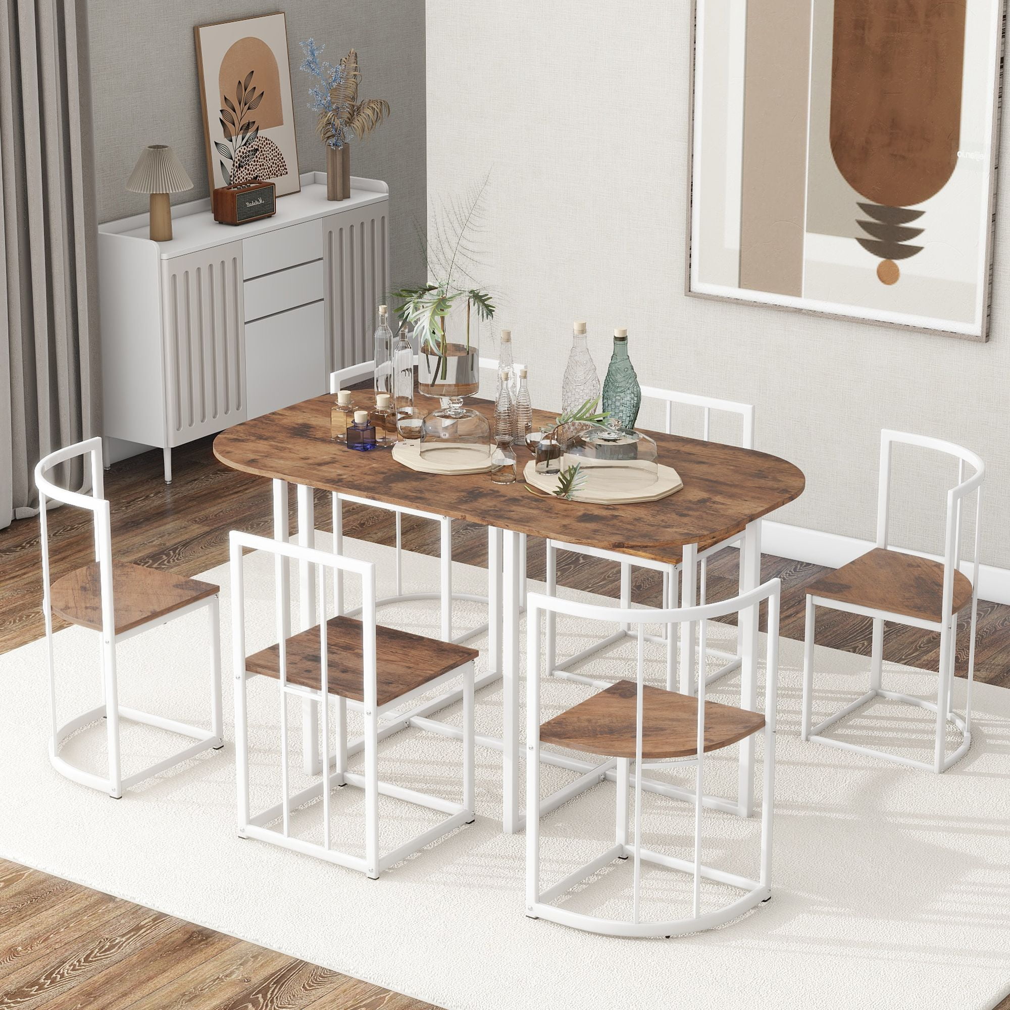 Aukfa 7 Piece Dining Table Set for 6, 55" Faux Marble Dinning Room Table with 6 Chairs, Metal Frame, Brown
