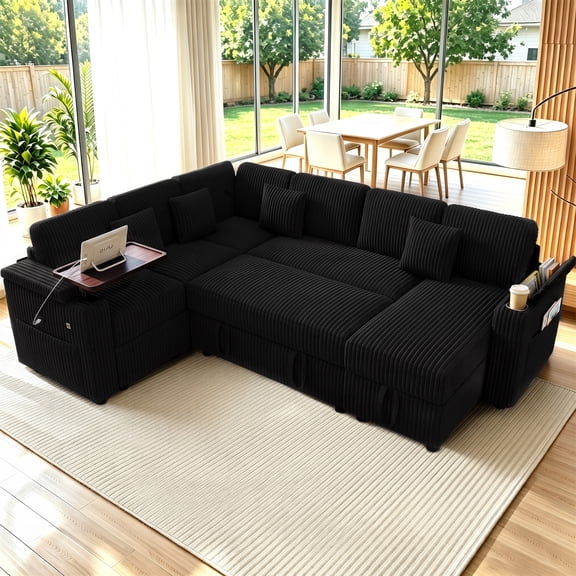 Aukfa 100" U Shape Convertible Sectional Sleeper Sofa Bed with USB/Type-C Port/Side Table/Storage Chaise/Cup Holder, 7 Seat Modular Sofa, Corduroy, Black