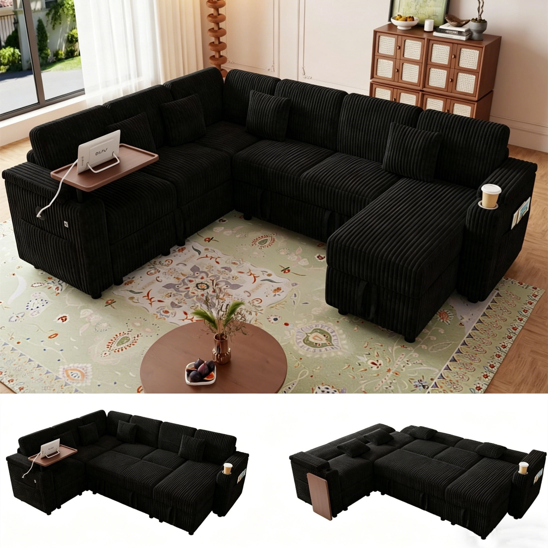 Aukfa 7 Seat U Shape Sectional Couch Convertible Sofa Bed with USB, Cupholder Arm Storage Console, Floating Desktop, Corduroy, Black
