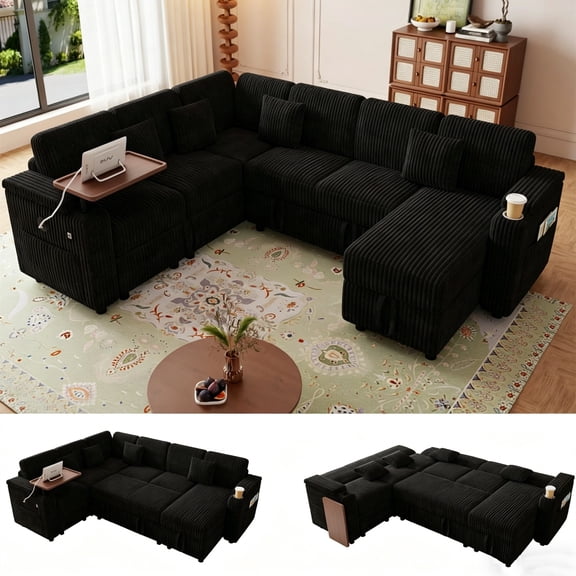 Aukfa 7 Seat U Shape Sectional Couch Convertible Sofa Bed with USB, Cupholder Arm Storage Console, Floating Desktop, Corduroy, Black