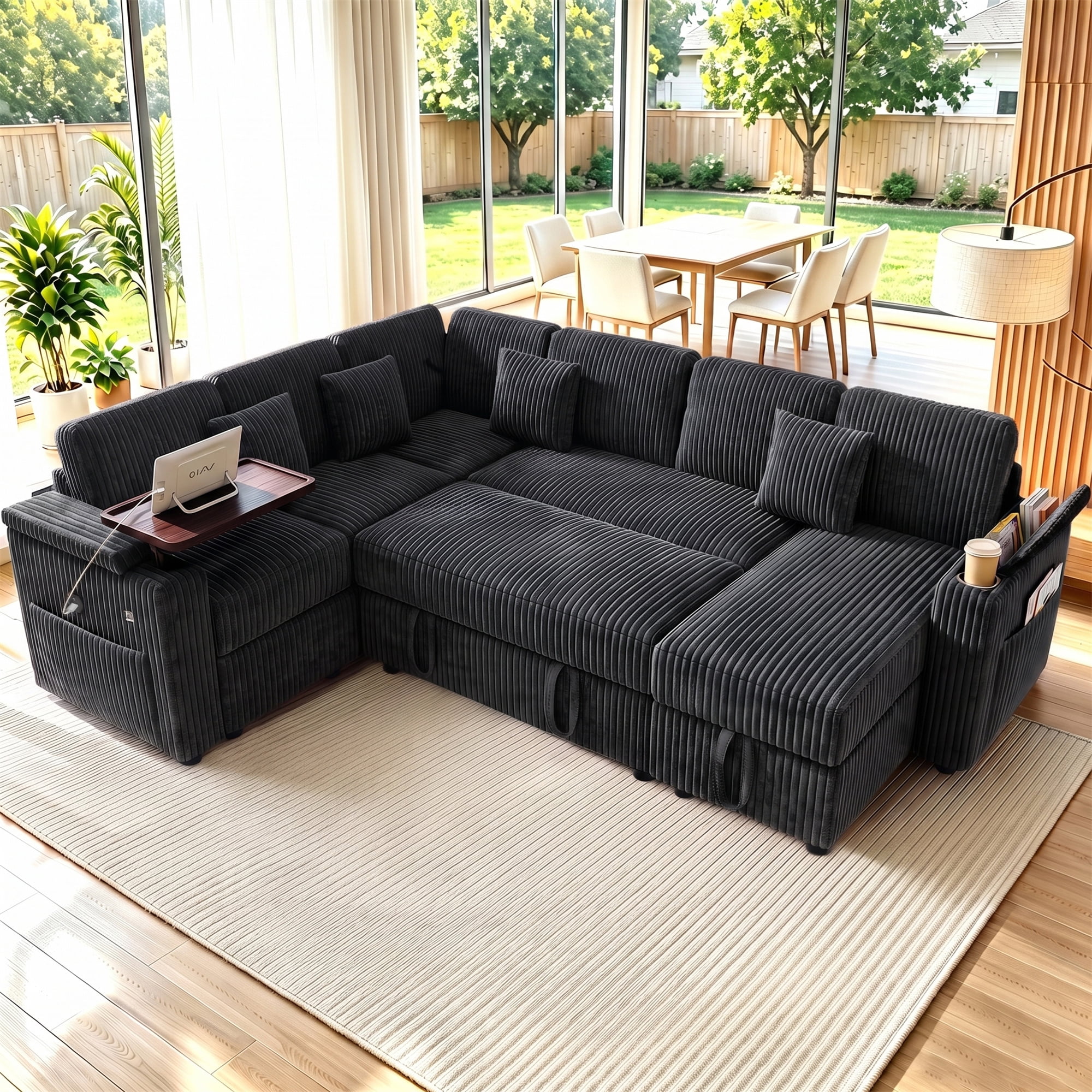 Aukfa 100" U Shape Convertible Sectional Sleeper Sofa Bed with USB/Type-C Port/Side Table/Storage Chaise/Cup Holder, 7 Seat Modular Sofa, Corduroy, Dark Gray