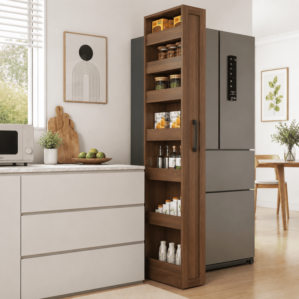 Aukfa 7-Tier Slim Rolling Pantry Cabinet, 68.3" Narrow Pull-Out Kitchen Storage Cart with Handle and Casters,Walnut
