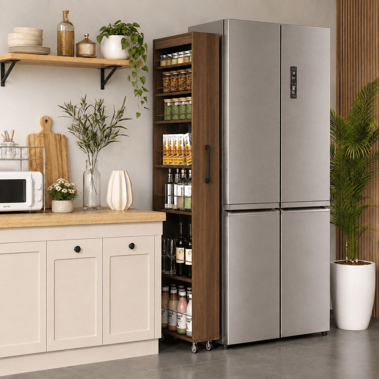 Aukfa 7-Tier Slim Rolling Pantry Cabinet, 70.7" Narrow Pull-Out Kitchen Storage Cart with Handle and Casters,Walnut
