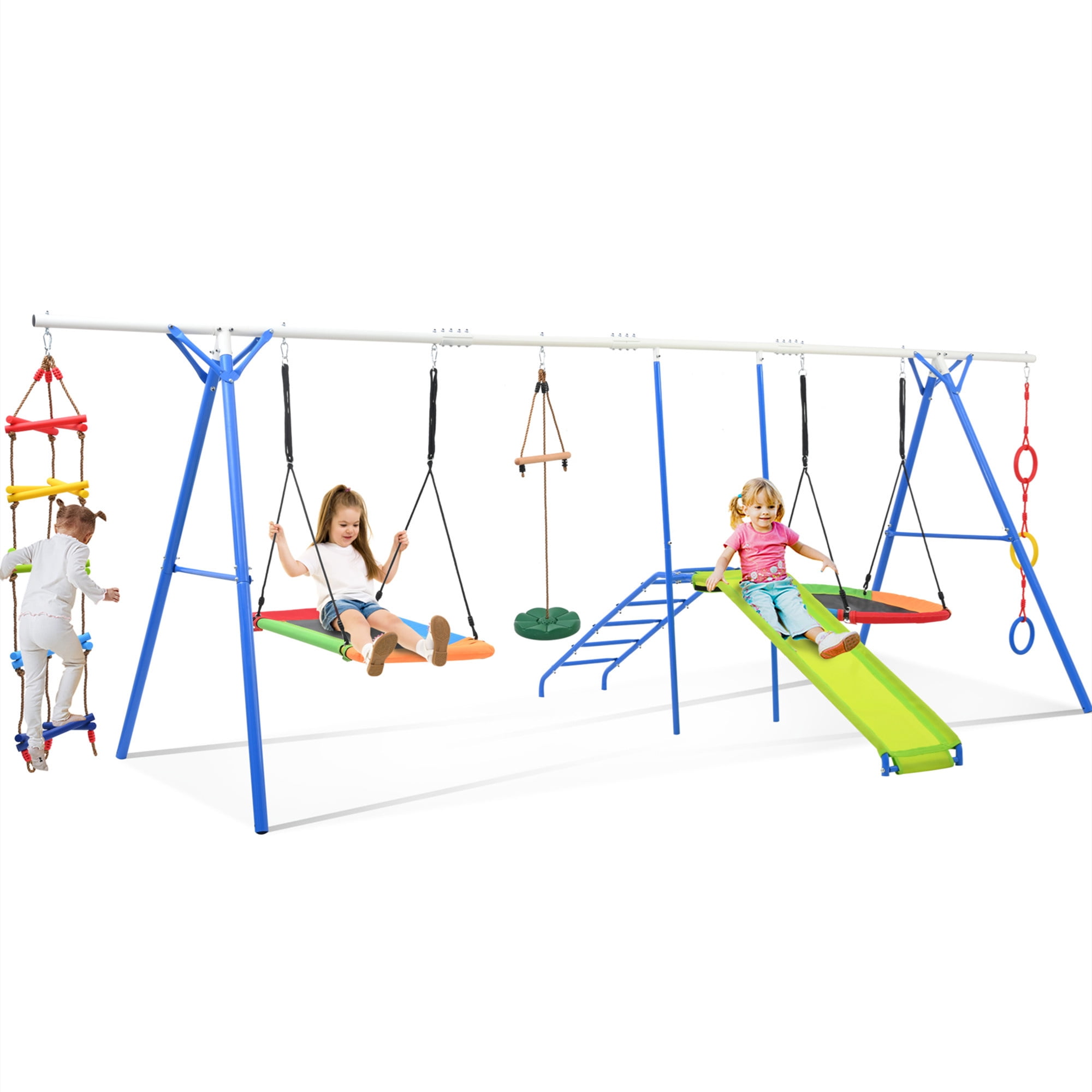 Aukfa 7 in 1 Kids Swing Set with Slide, Heavy-Duty Metal Playset with Climbing for Backyard, Blue