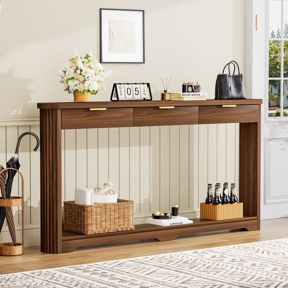 Aukfa 70.1" Modern Wooden Console Table with Drawers & Shelves, Slim Sofa Side Table for Entryway & Hallway,Walnut