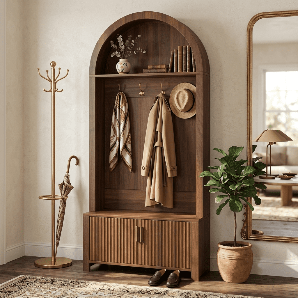 Aukfa 70.3" Arched Hall Tree with Bench and Shoe Storage Cabinet, 4 Hooks, Walnut