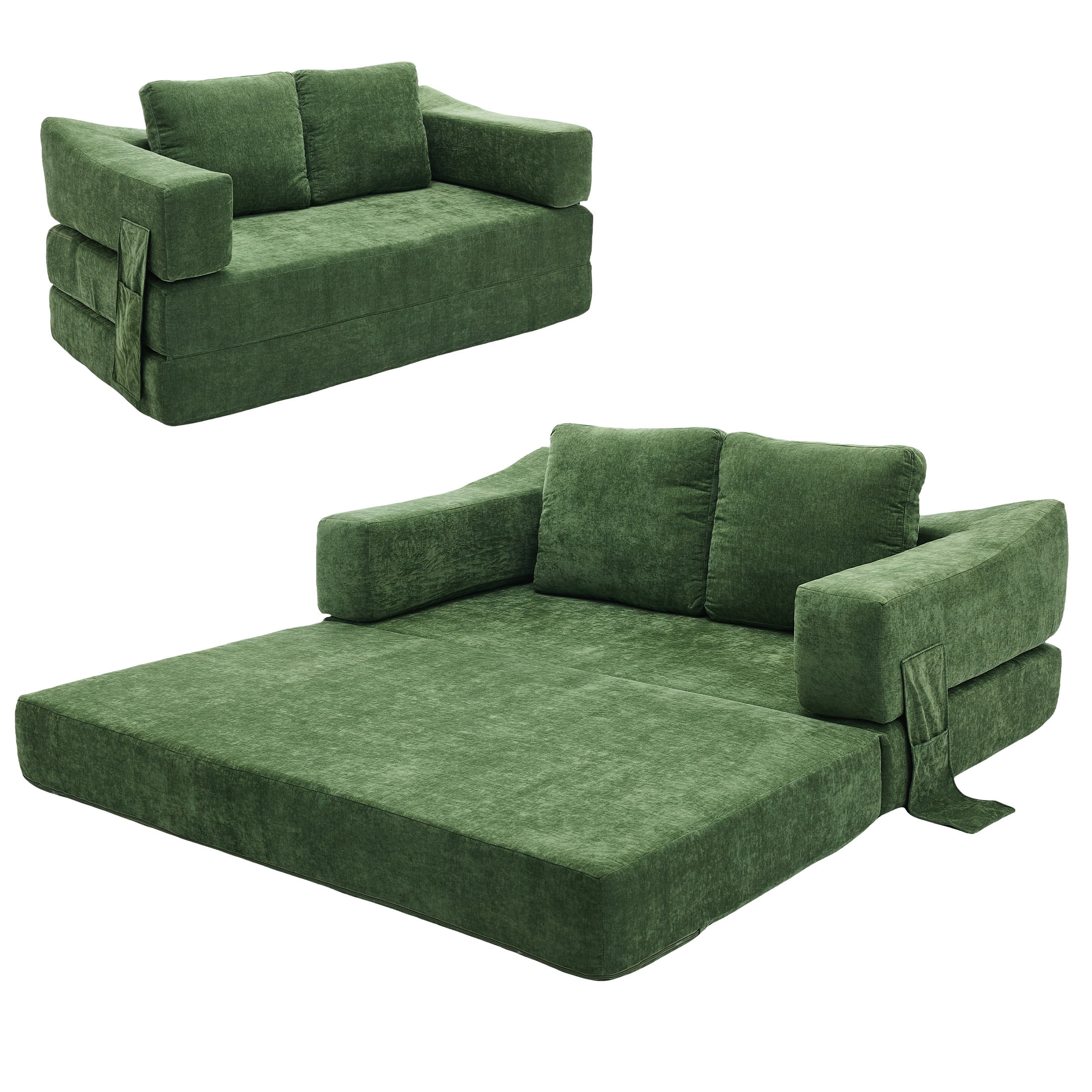 Aukfa 70.87" Folding Sofa Bed, Convertible Loveseat Sleeper Floor Couch, Sleeping Mattress, Removable Backrest, Green