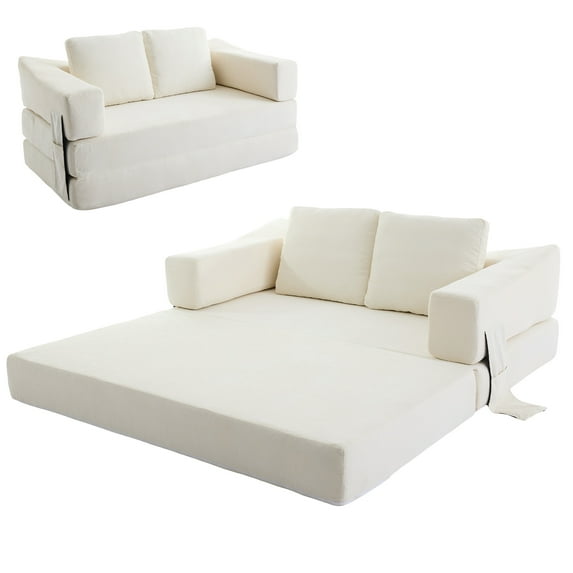 Aukfa 70.87" Folding Sofa Bed, Convertible Loveseat Sleeper Floor Couch, Sleeping Mattress, Removable Backrest, White