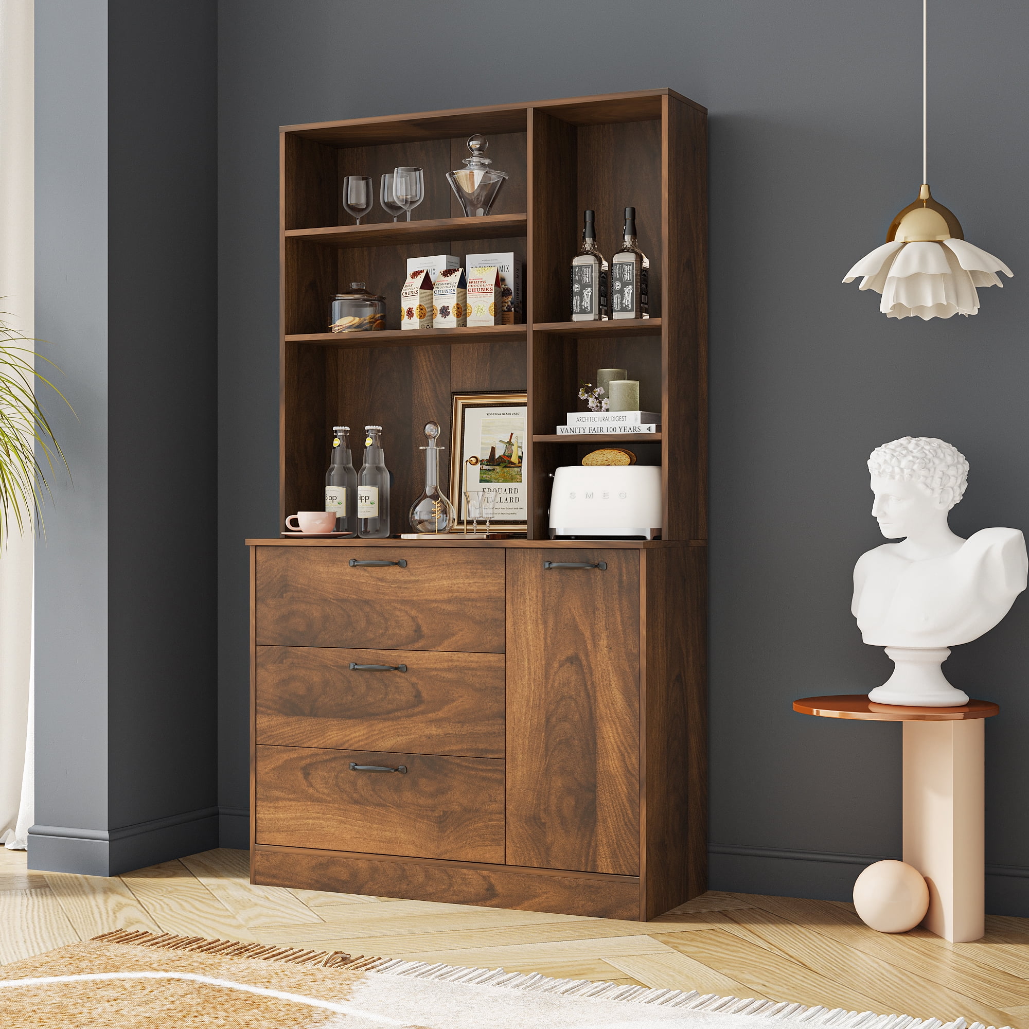 Aukfa 70.9" Kitchen Pantry Storage Cabinet, Freestanding Tall Cabinet Organizer - Walnut