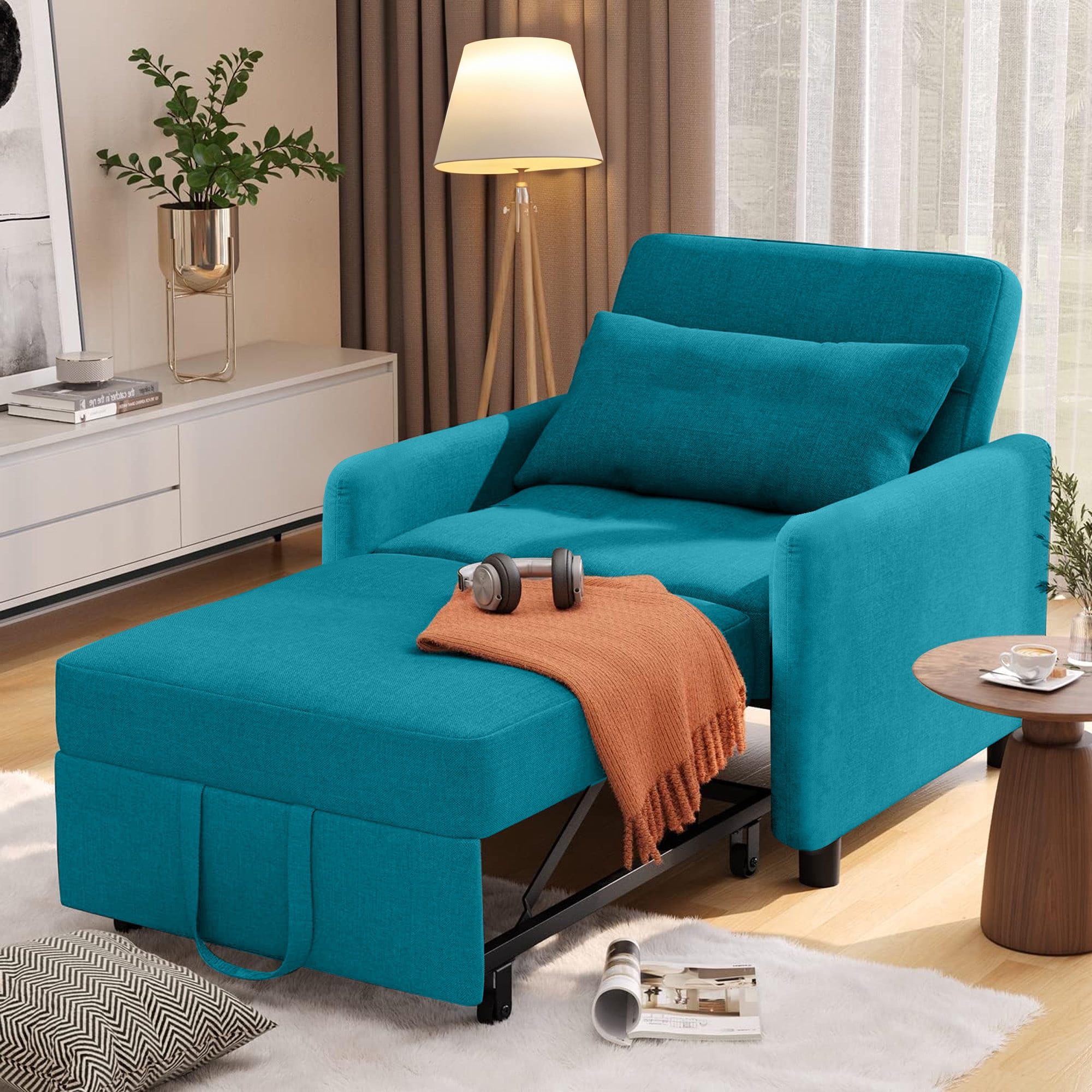 Aukfa 75" Convertible Chaise Futon Pull Out Sofa Chair Bed, Adjustable Backrest, Linen, Blue